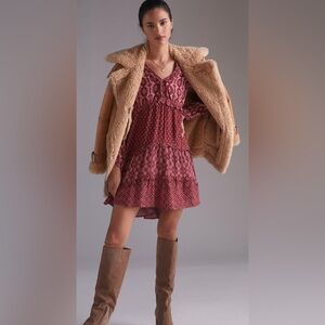 Anthropologie Women Red Motif Tiered V-Neck Ruffle Floral Mini Dress Size S